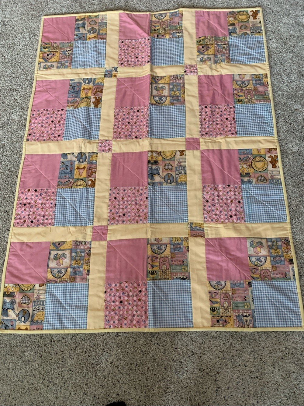 Handmade Pink and Yellow Patchwork Baby Quilt
